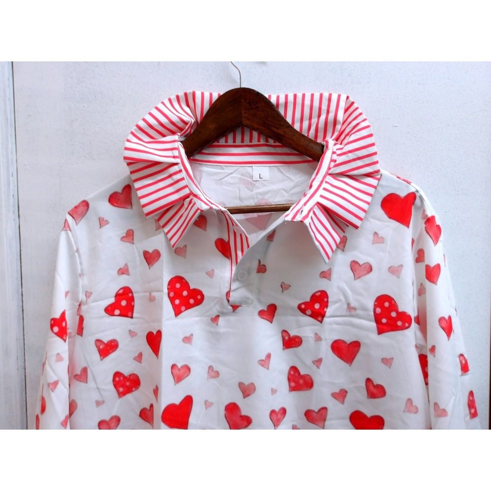 Valentine's Day‎ White Red Heart Print Shirt Collared Long Sleeve Sz L /#26132